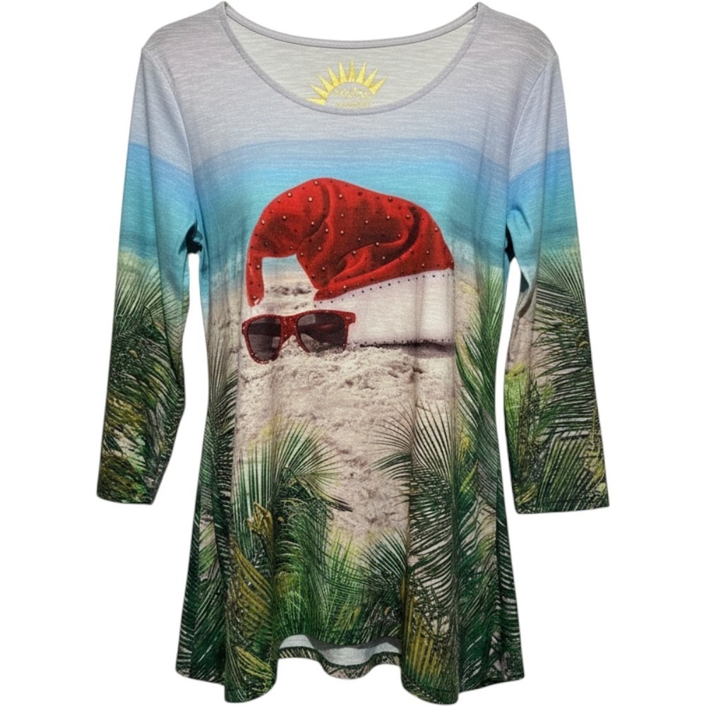 Sun‎ Bay Tropical Christmas Beach Santa Hat Sharkbite Tunic Top Large UPF 30